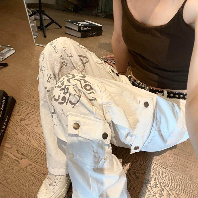 hiphop美式休闲设计感白色牛仔裤宽松阔腿直筒vibe高街工装裤子女