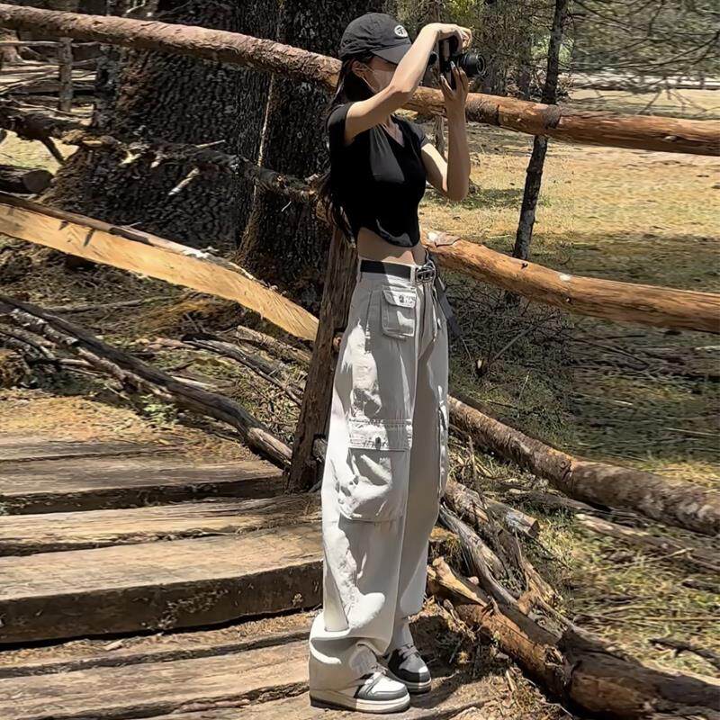 美式工装裤女春秋款2024新款女款宽松复古显瘦小个子白色登山裤子