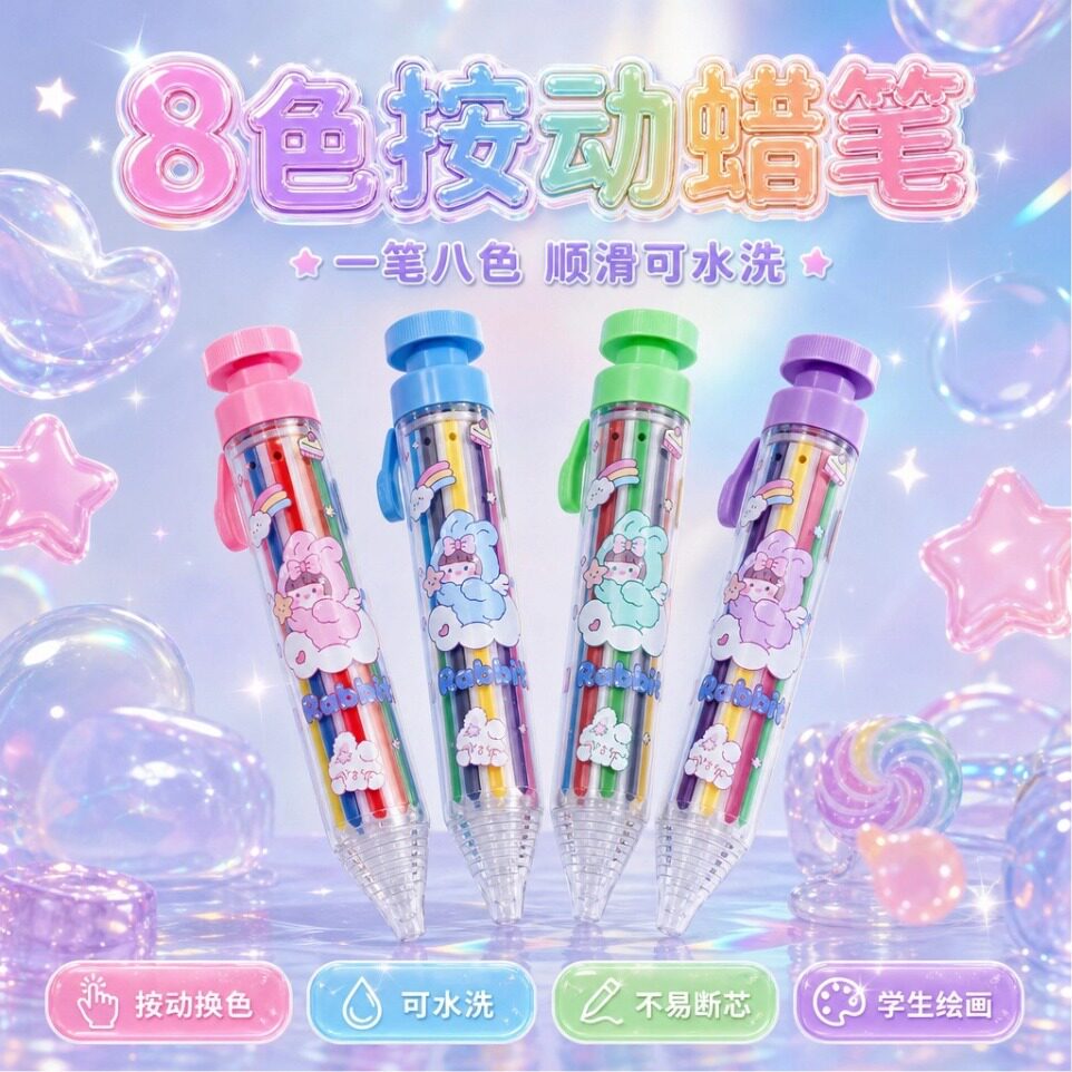 8色按动蜡笔学生绘画水洗不易断芯创意卡通可爱彩色笔油画棒铅笔
