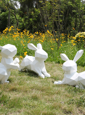 卡通几何兔子摆件动物草坪园林景观售楼部装饰玻璃钢不锈钢雕塑