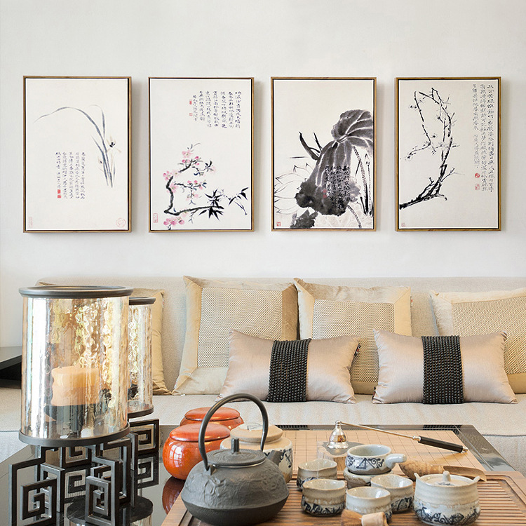 新中式现代简约客厅书房装饰画石涛水墨花卉沙发背景墙挂画墙画图片