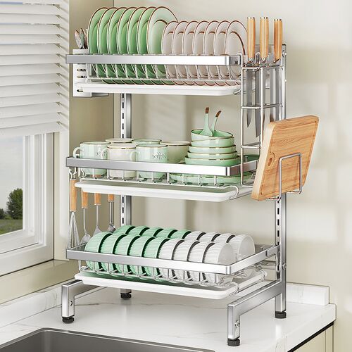 不锈钢碗碟收纳架厨房多功能置物架台面沥水架可调节双层碗架
