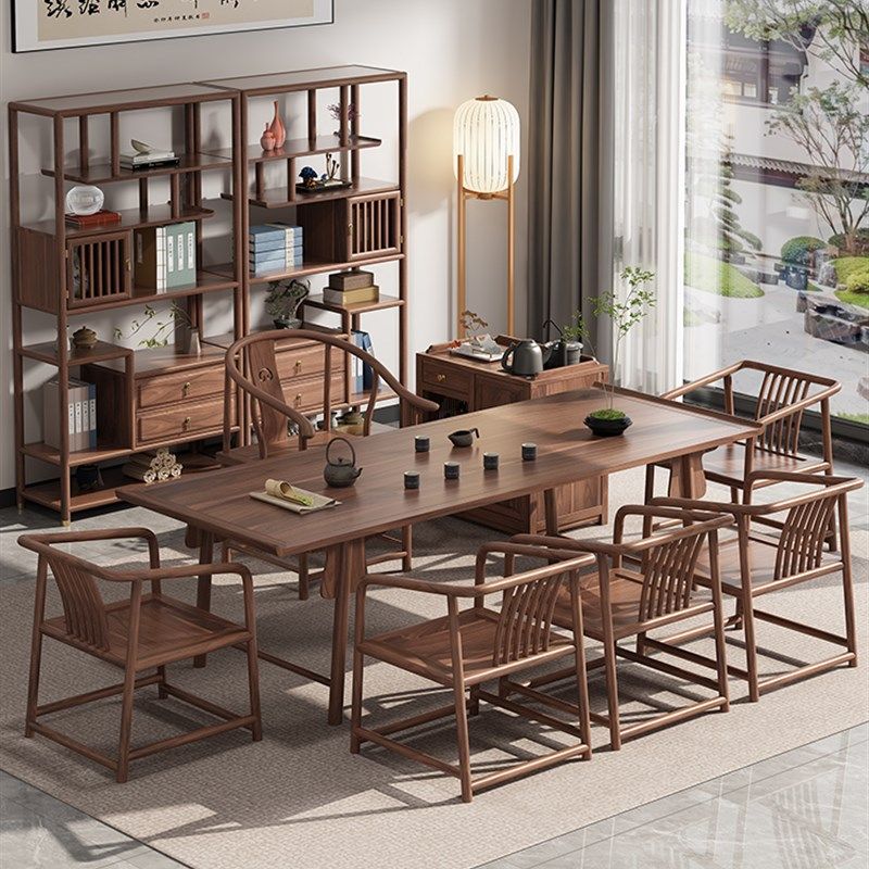 新中式乌金木实木茶桌椅组合办公室茶几套装一桌五椅功夫湿泡茶台