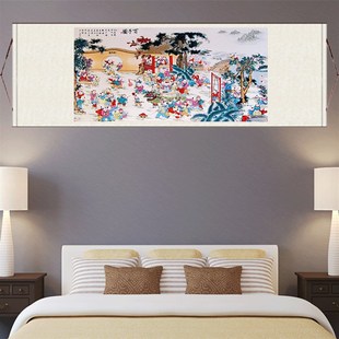 百子图横幅招财哪副丝绸画卷轴画国画茶楼装饰壁画古典挂画可定制