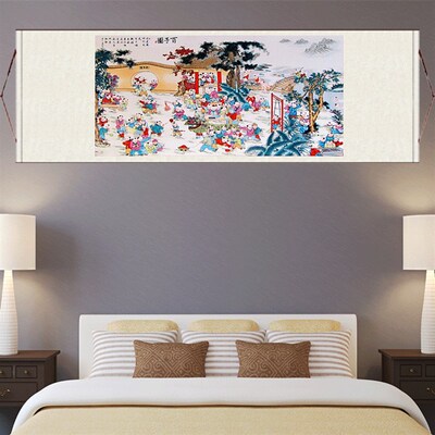 百子图横幅招财哪副丝绸画卷轴画国画茶楼装饰壁画古典挂画可定制