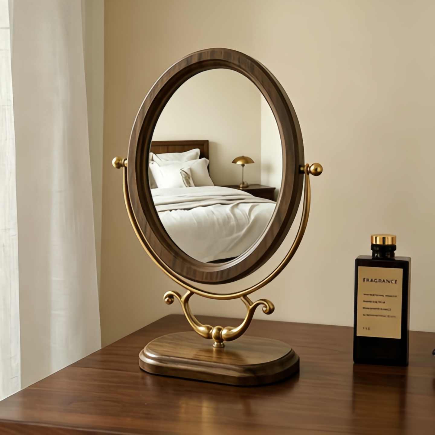 美式复古木质台式化妆镜椭圆形单面镜桌面梳妆镜美妆镜新中式镜子