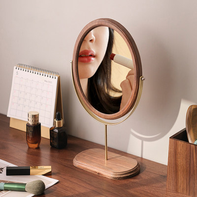 复古实木化妆镜家用桌面木质中式立式可旋转梳妆镜卧室台式镜子