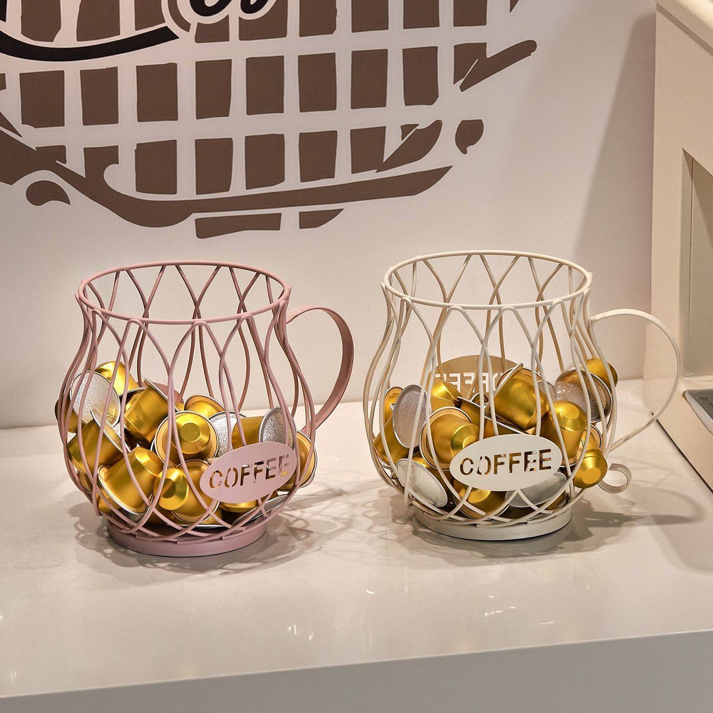 金属网格咖啡胶囊收纳盒桌面装饰摆件带手柄圆形收纳罐轻奢铁艺