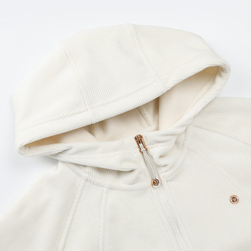 361度白色灯芯绒运动外套女冬季加绒加厚连帽开衫卫衣针织上衣女