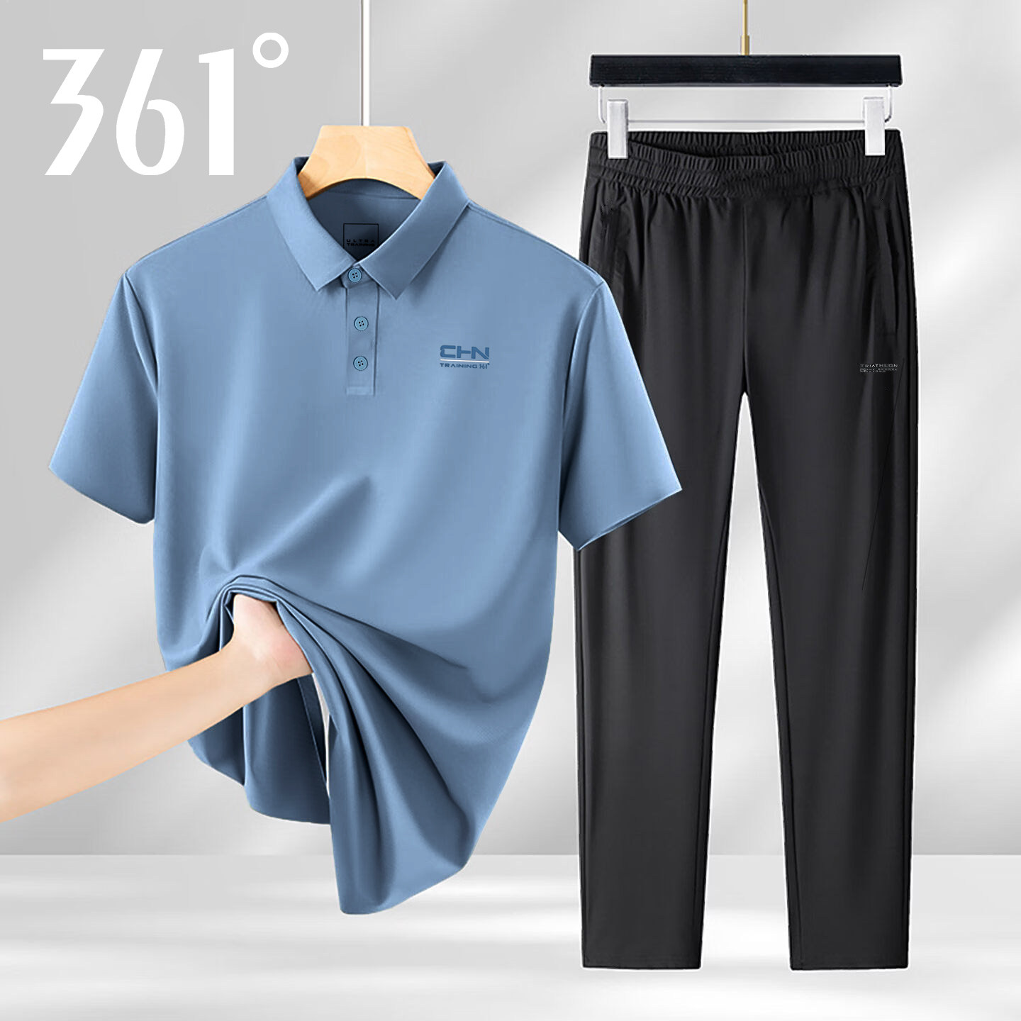 361度休闲套装男夏季新款速干短袖polo衫长裤爸爸商务运动服套装
