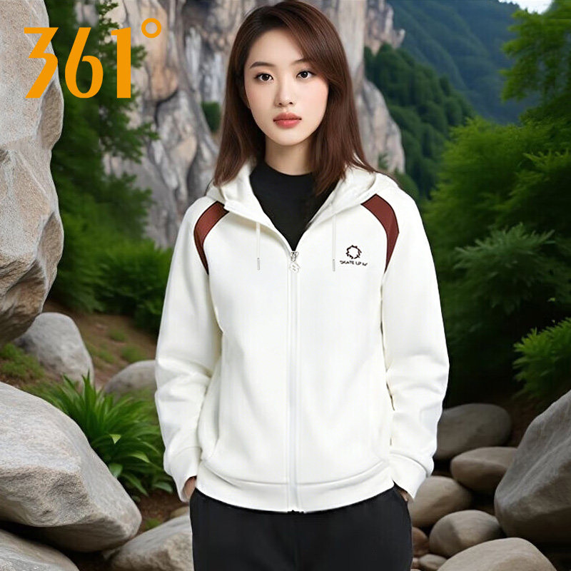 361度运动外套女2026年春季新款休闲百搭撞色针织连帽开衫卫衣女