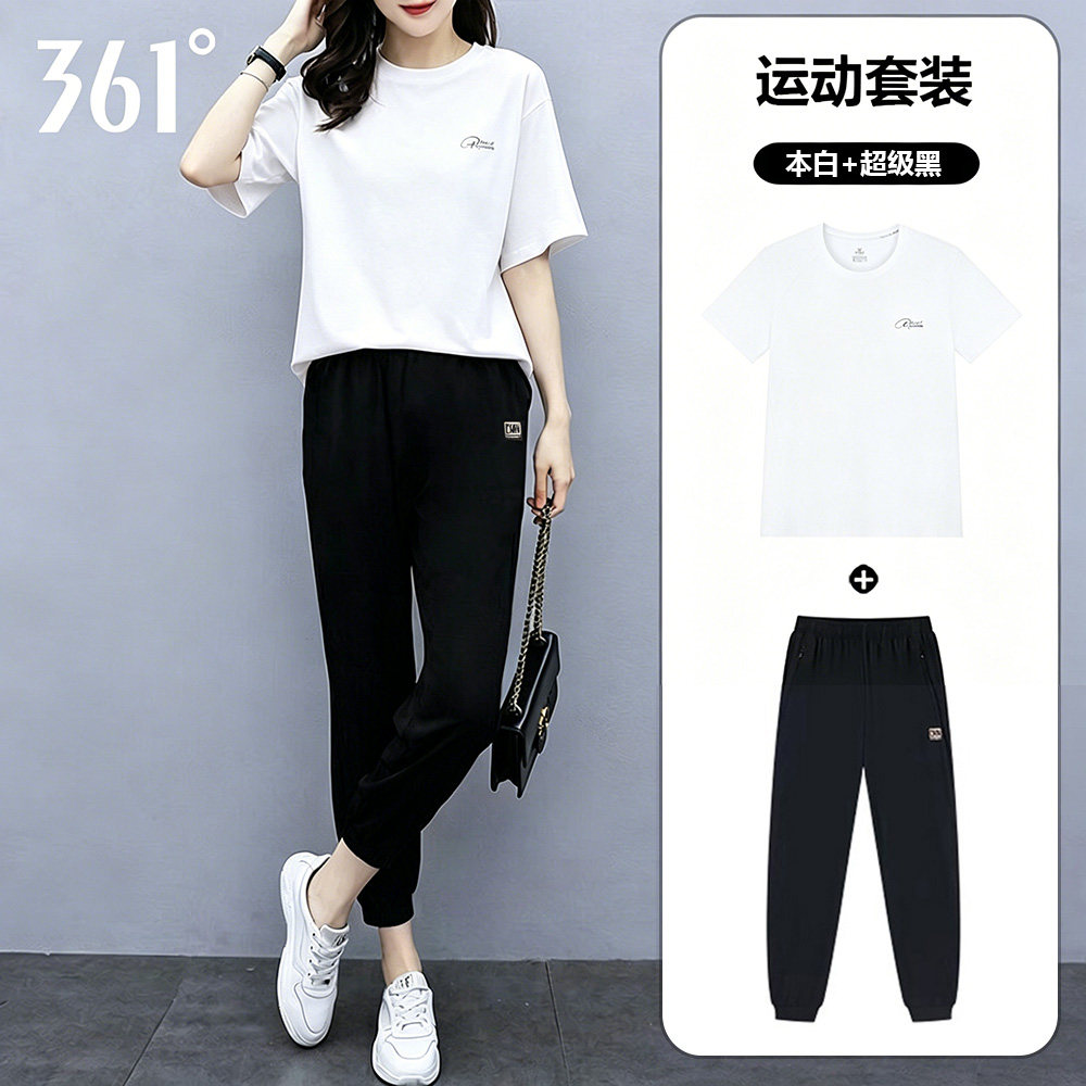 361度休闲运动套装女夏季薄款透气跑步健身服女短袖九分裤两件套