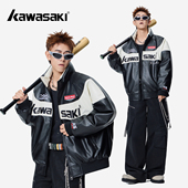 Kawasaki川崎90鸭绒美式 复古机车刺绣宽松休闲百搭保暖PU皮羽绒服