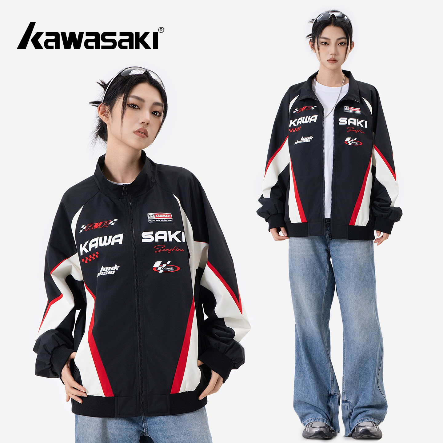 Kawasaki川崎美式复古撞色户外通勤宽松休闲百搭机车风赛车服夹克