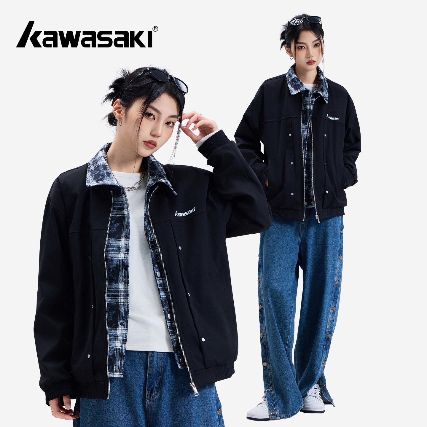 Kawasaki川崎美式字母假两件夹克