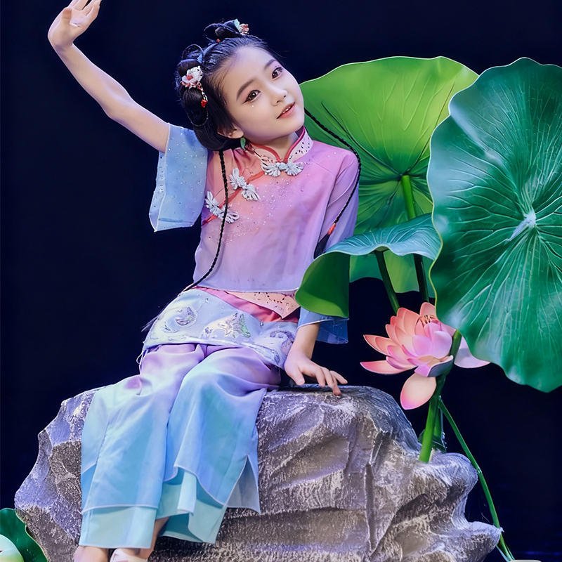 儿童古典舞嬉夏演出表演服女莲叶翩翩采莲荷叶荷花道具服装夏荷风