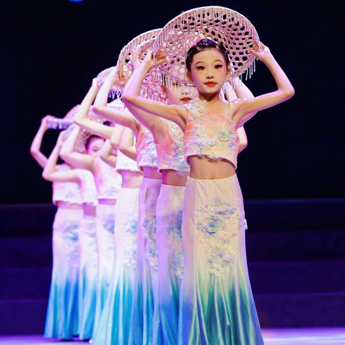 春述傣族儿童演出服恋舞蹈傣族舞斗笠道具春意浓孔雀舞鱼尾裙女服