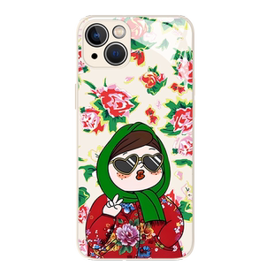 大花袄村姑适用小米14手机壳k70大花布11ultra红米note13趣味k60pro土味12s玻璃10新款k50搞怪k40喜庆k30女款