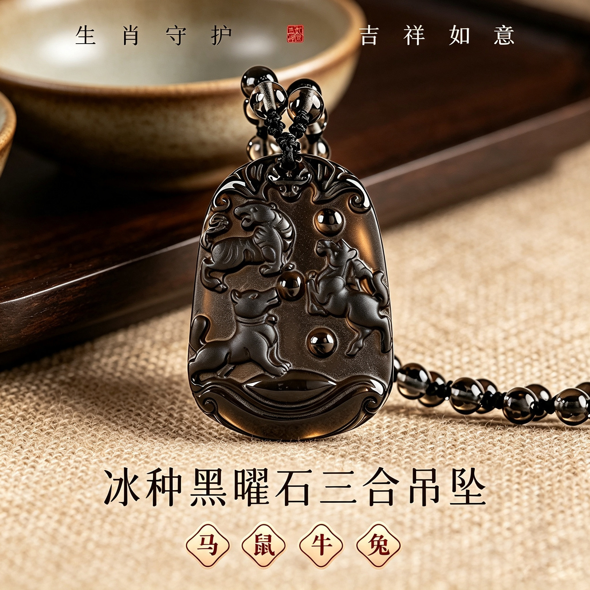 天然黑曜石生肖三合本命年吊坠
