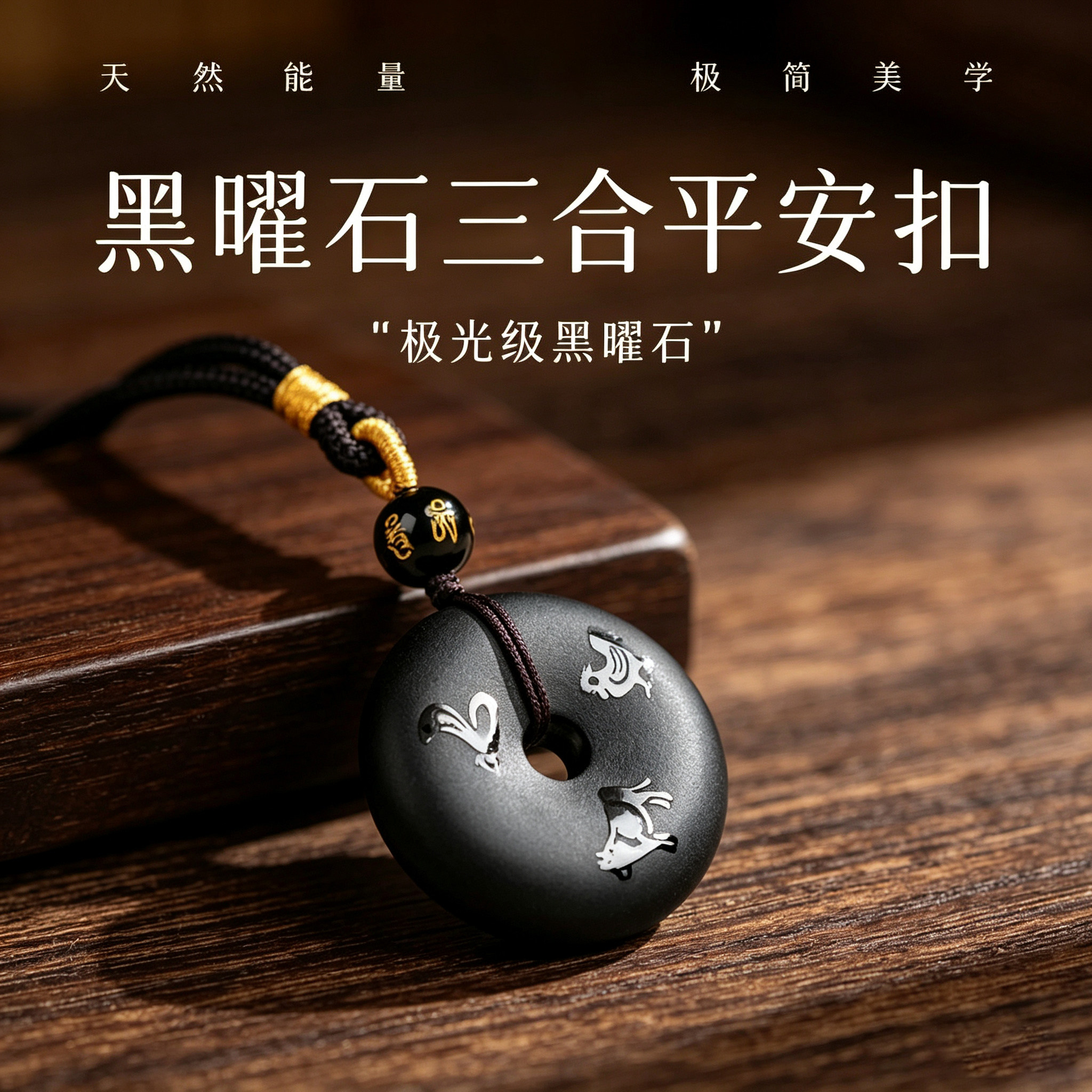 天然黑曜石平安扣本命年转运项链