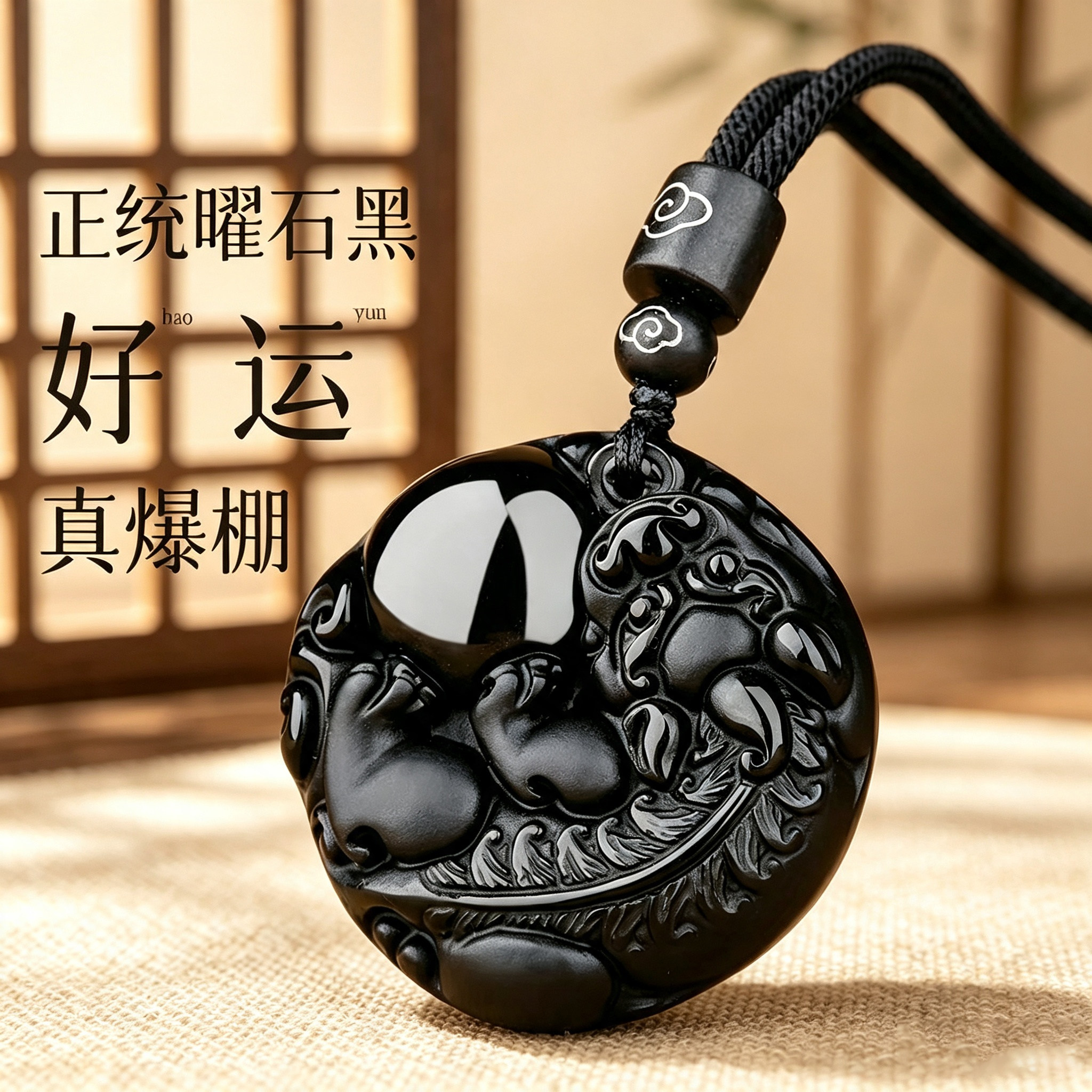 黑曜石貔貅本命年转运招财项链