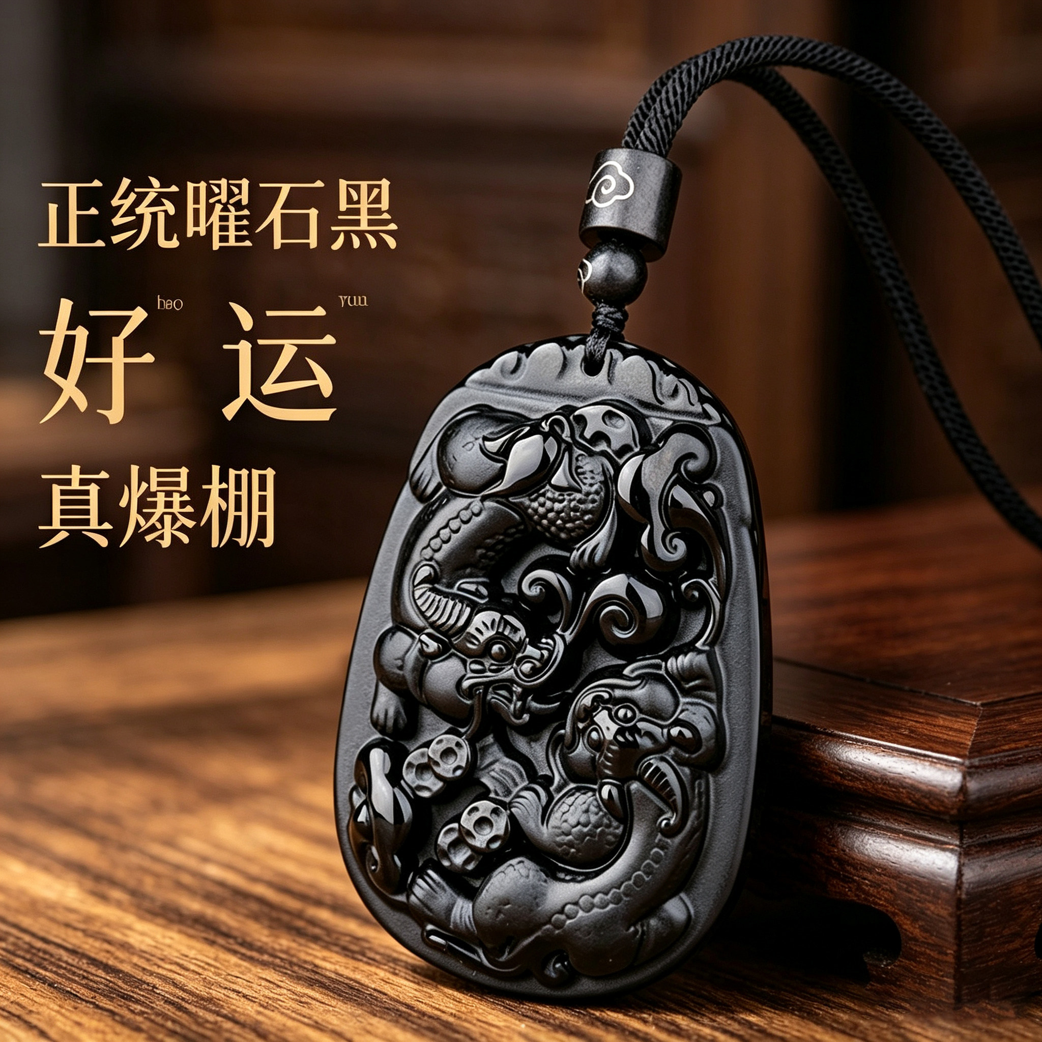 天然黑曜石貔貅本命年转运吊坠