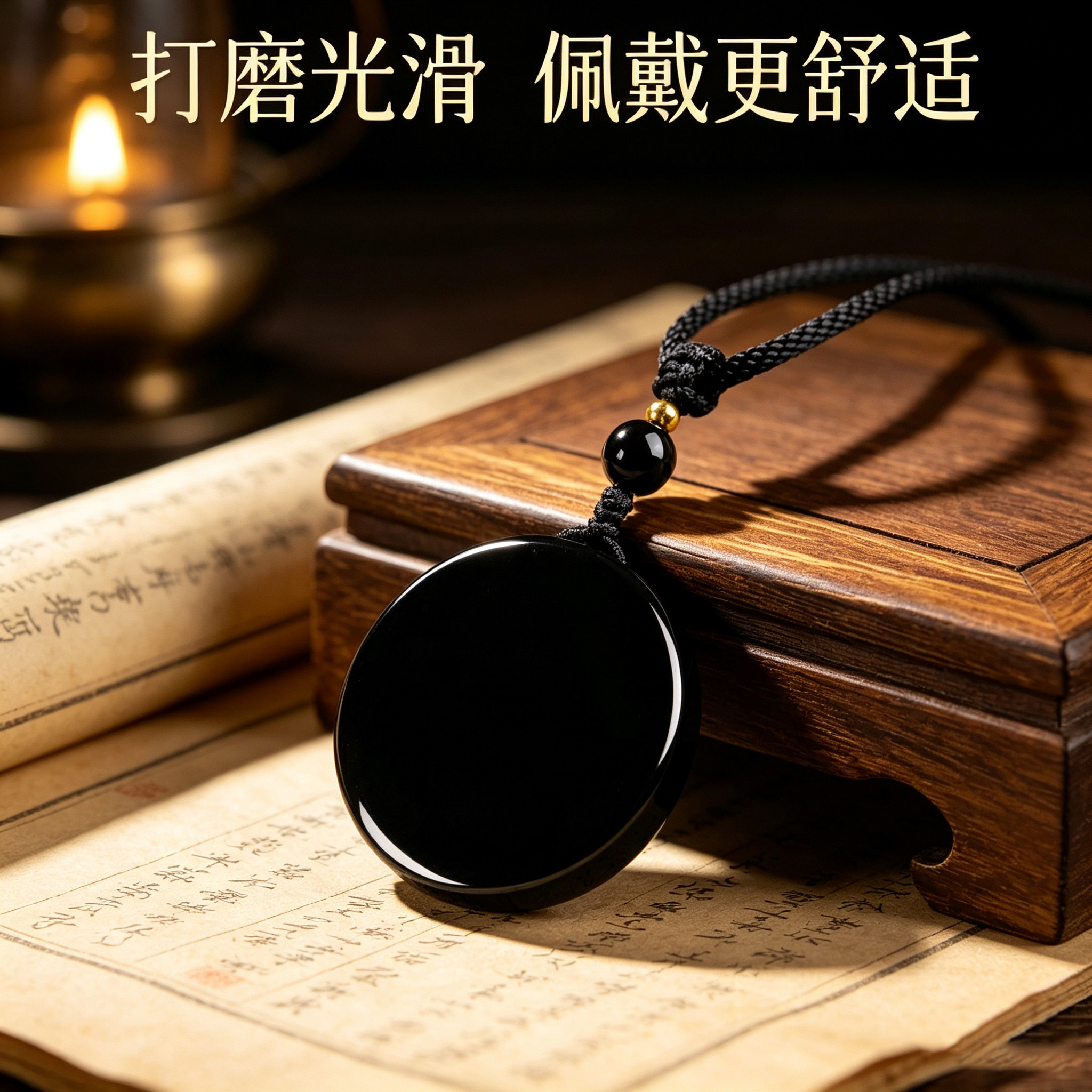 天然黑曜石无事牌吊坠刻字定制