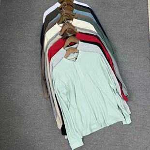 飞姐外贸小铺65棉华夫格面料3粒扣亨利领长袖 百搭 T恤经典