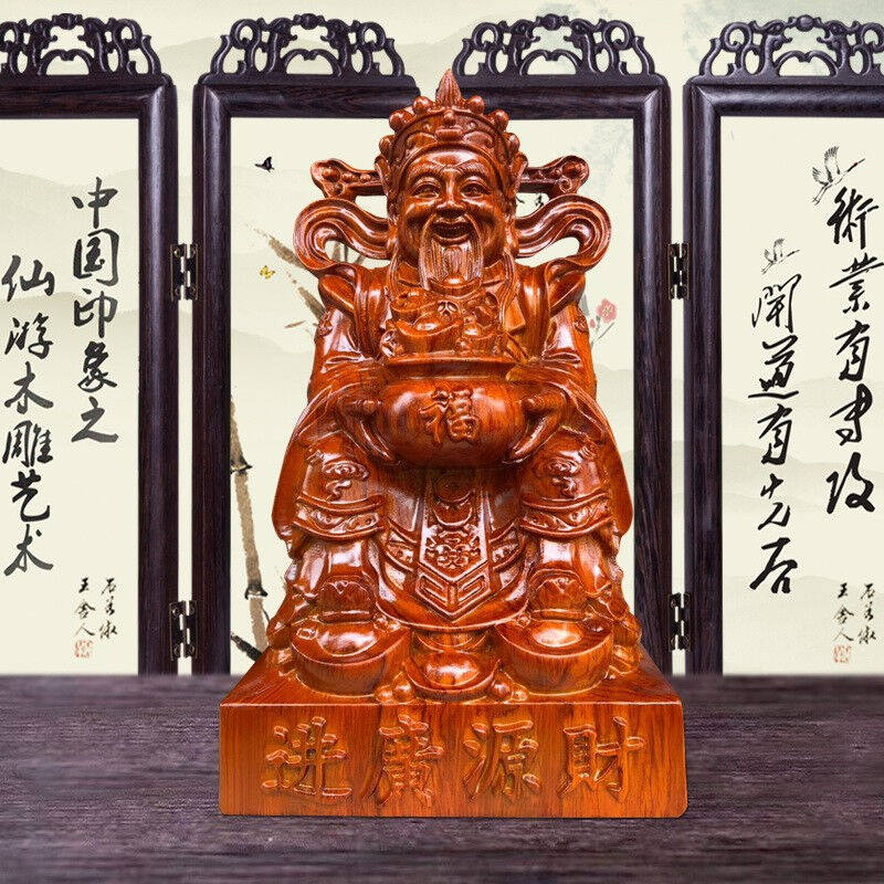 天好花梨木雕财神摆件黑檀木实木质雕刻坐式文财神雕像红木财神爷