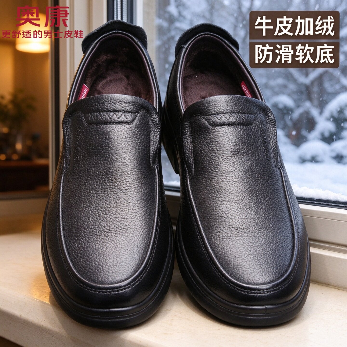 奥康男加绒防滑一脚蹬爸爸皮鞋