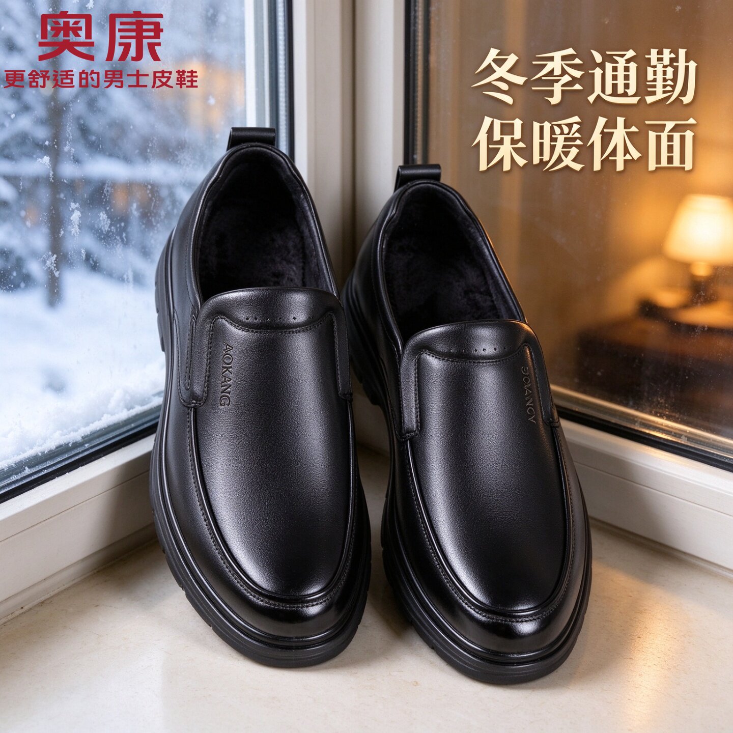奥康男士真皮加绒一脚蹬皮鞋