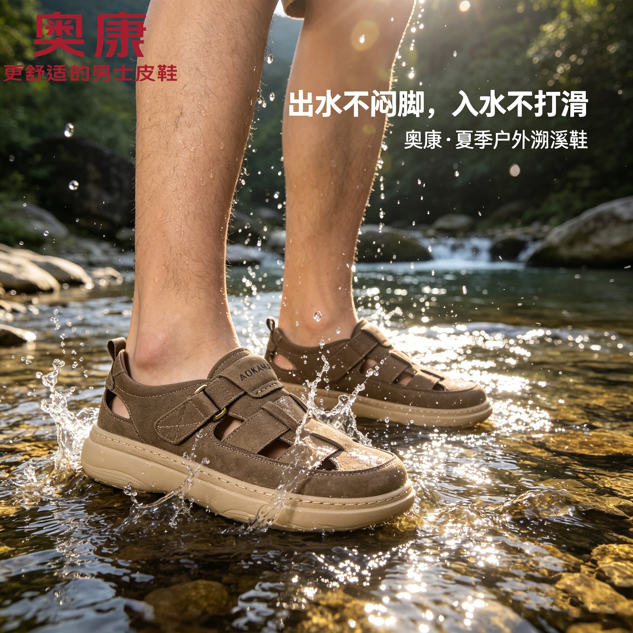 奥康溯溪鞋男夏透气户外2026新款复古高端男鞋防滑软底真皮凉鞋男