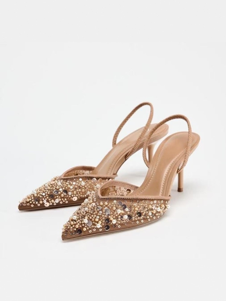 Qadın mərcanlı slingback stiletto sandalet, açıq bej rəng
