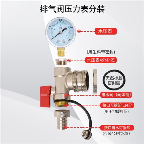 地暖分水器全铜1寸末端尾件放气排污水暖气地热可选配温度压力表