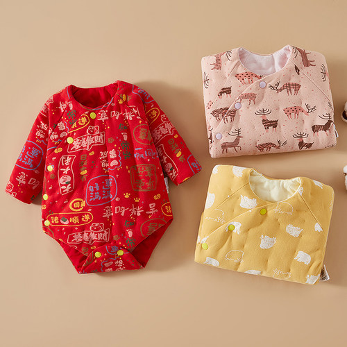 婴儿手工棉花长袖三角哈衣爬服