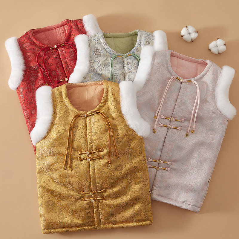 儿童棉花马甲新中式男女童中国风过年马夹加厚拜年服唐装上衣坎肩