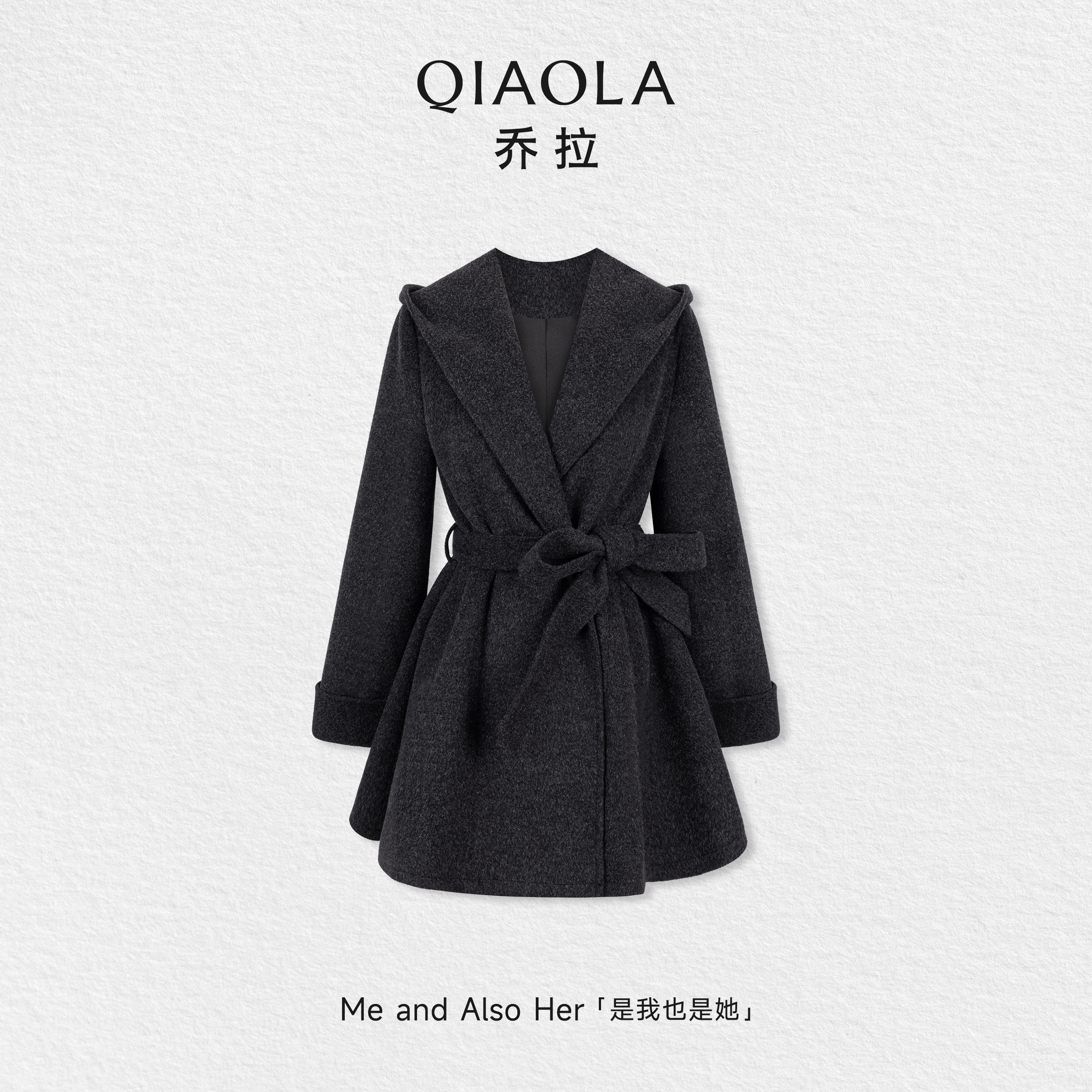 乔拉【伦敦电台】羊毛呢子连帽大衣女小个子收腰短款风衣斗篷外套