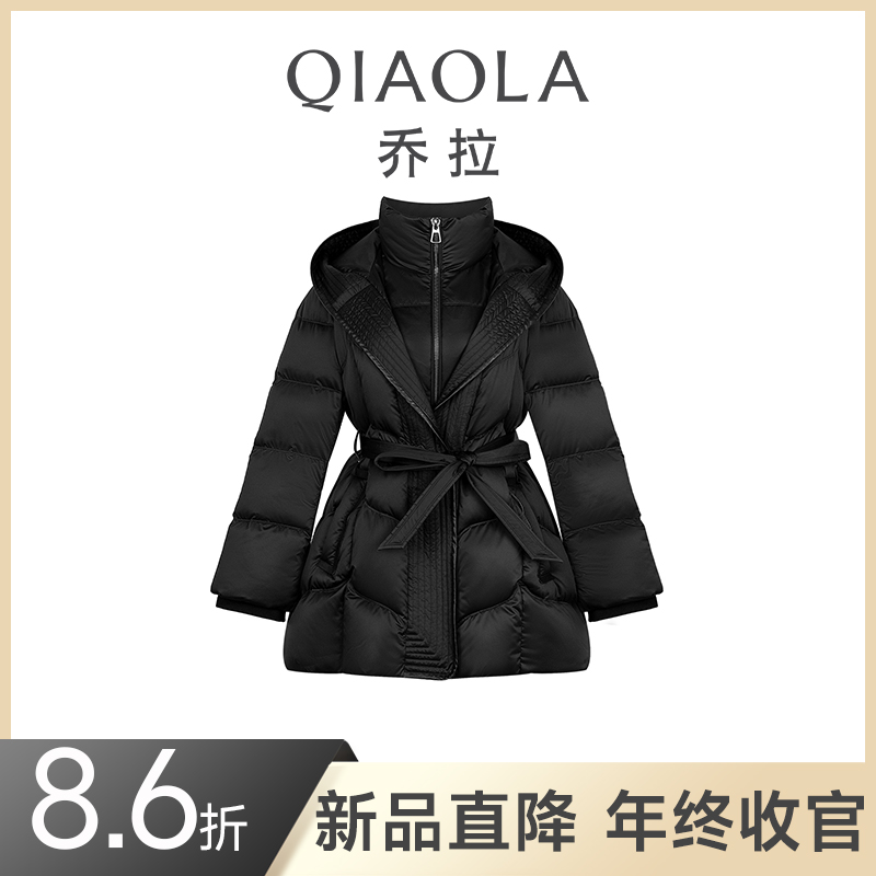 【猎爱行动】秋冬鸭绒黑色连帽中长款加厚保暖收腰羽绒服外套