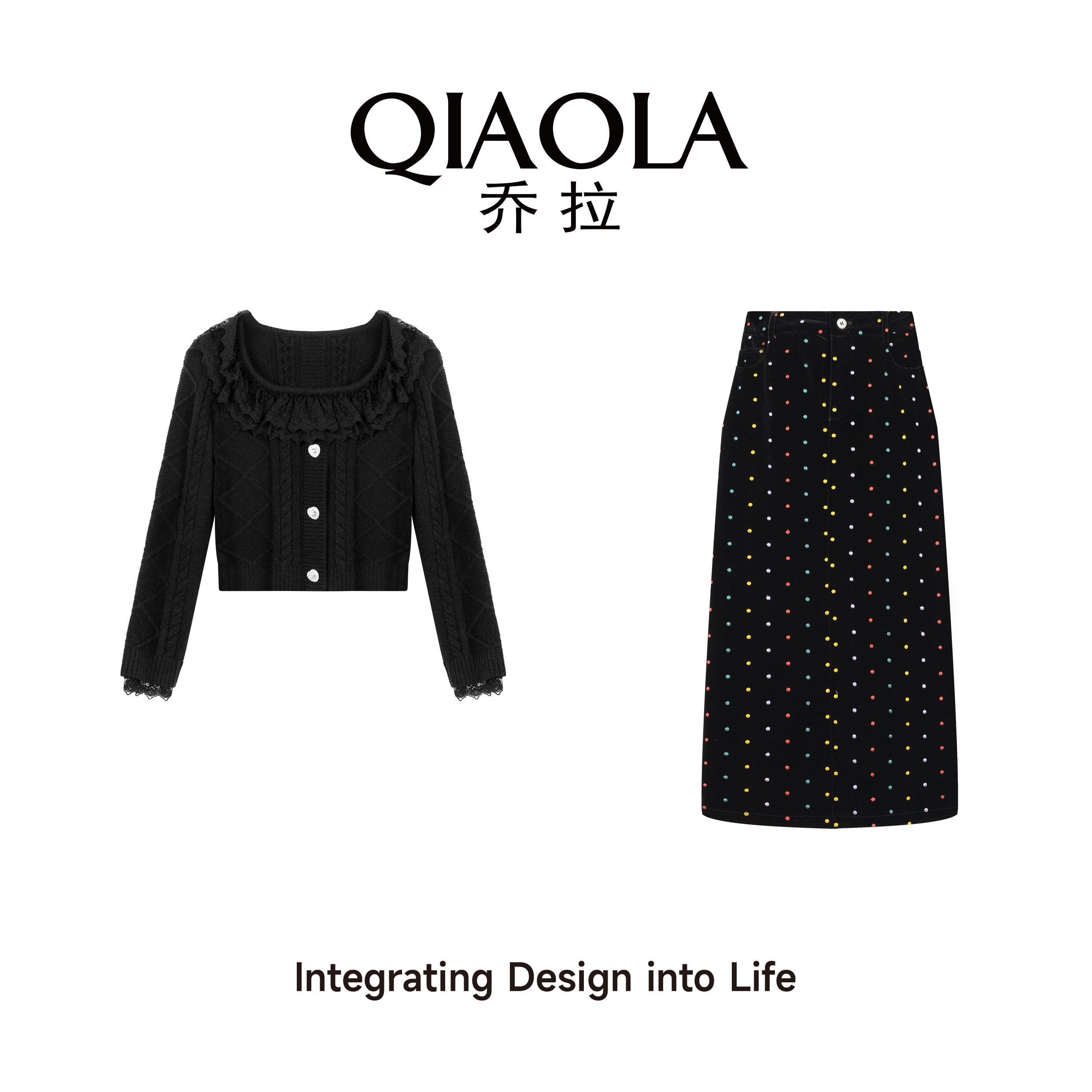 黑色蕾丝拼接针织上衣女乔拉