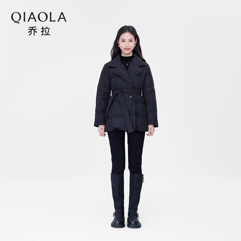 白鸭绒翻领百搭黑色羽绒外套乔拉