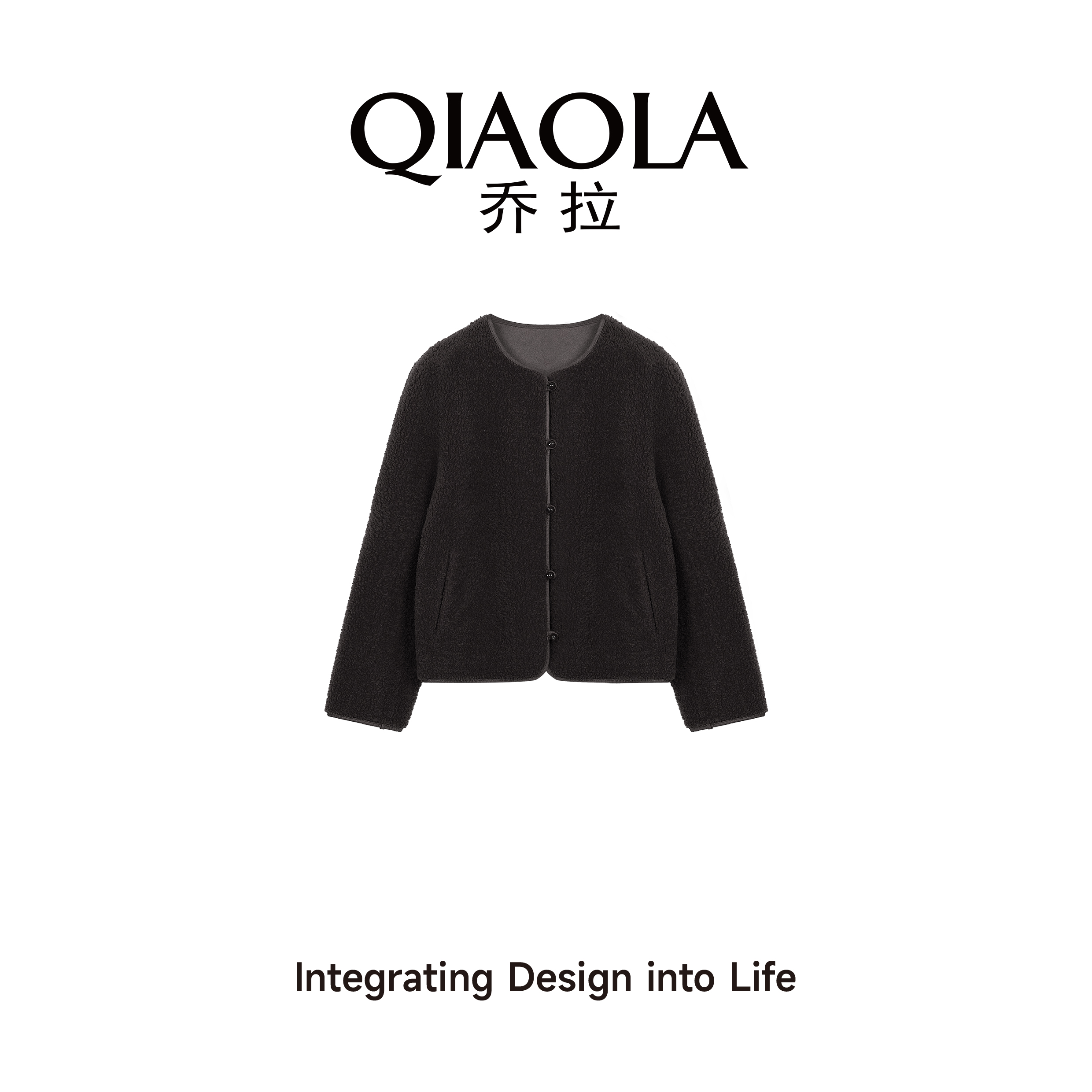 乔拉新款黑色毛呢圆领外套女