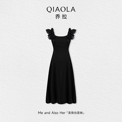乔拉【夜蝶漫舞】夏季圆领立体褶皱荷叶边装饰大裙摆A字连衣裙女