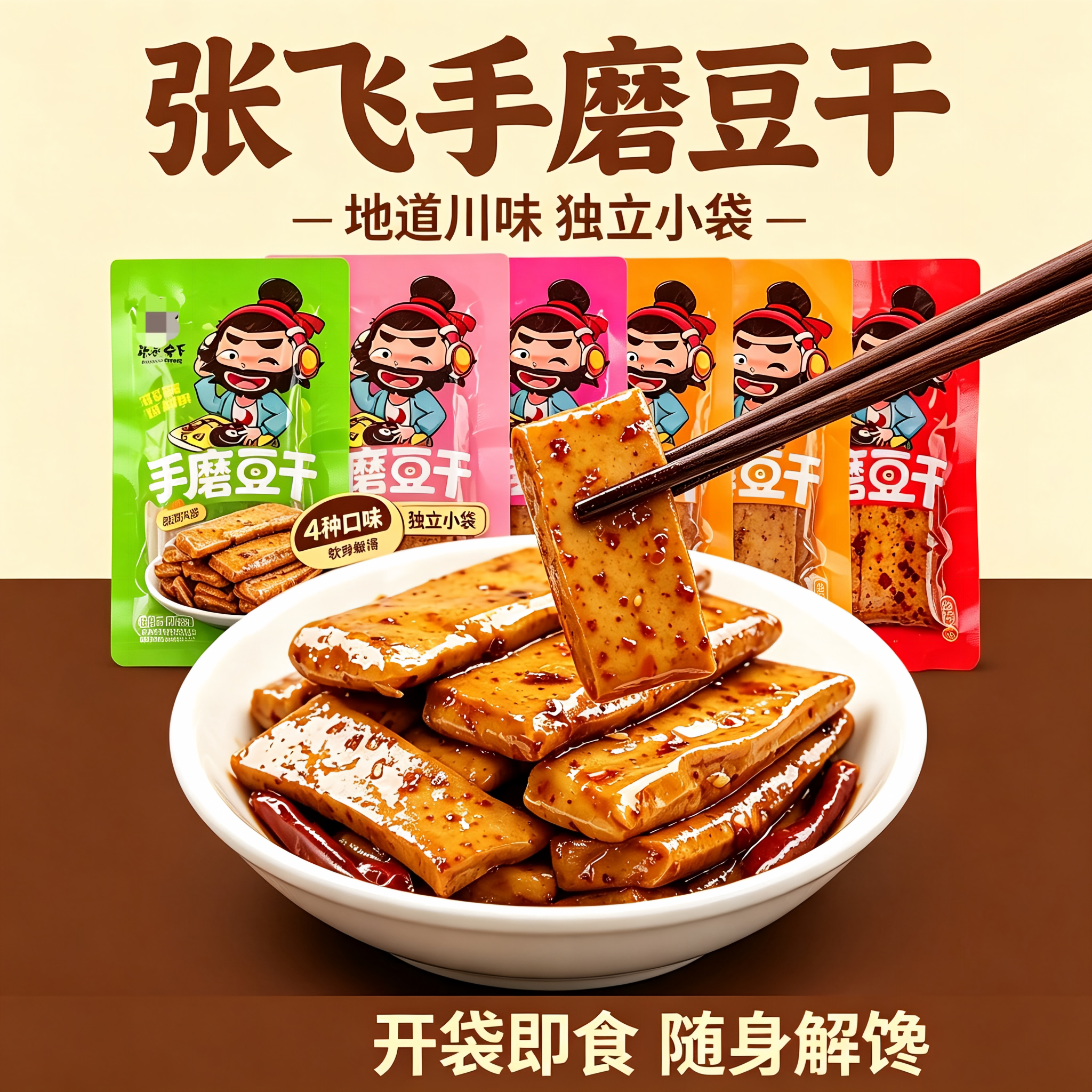张飞手磨豆干四川特产麻辣豆腐干零食小包装办公室解馋休闲小吃