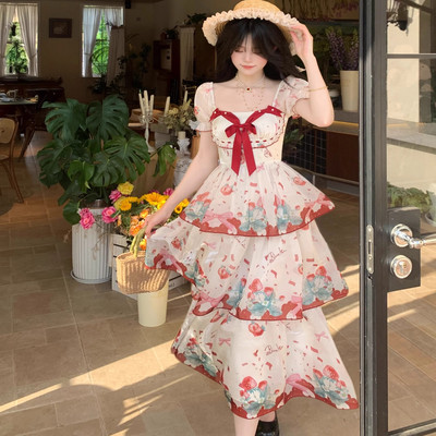 印花收腰蓬感大摆蛋糕连衣裙夏天