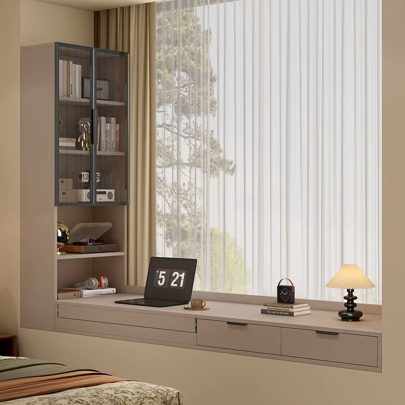 飘窗柜书桌一体抽拉式储物柜小户型窗台改造柜阳台柜可定制收纳柜