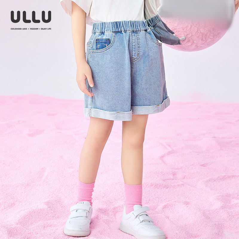 优露童装女童短裤ULLU25夏款甜美绣花清新浅蓝百搭翻边牛仔短裤