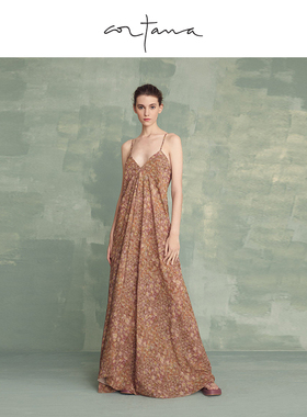 Cortana真丝吊带连衣裙深V露背印花礼服飘逸拖地长裙AZALEA系列