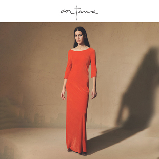 Cortana粘胶真丝混纺长裙收腰船领长袖 连衣裙MILENA系列