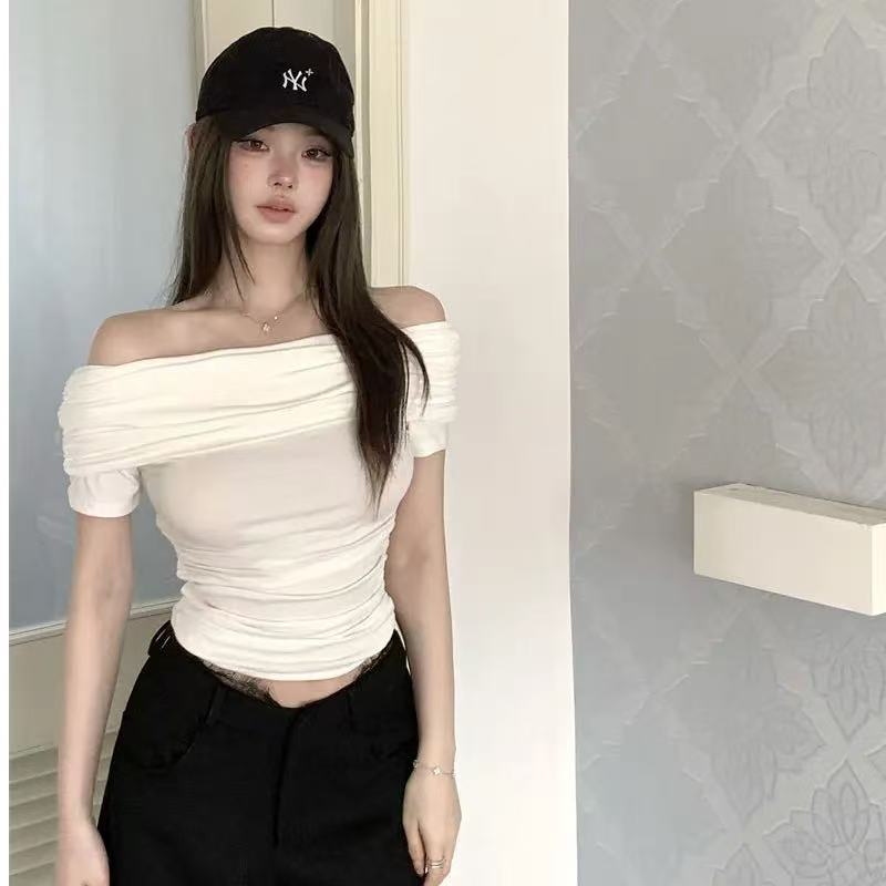 一字肩短袖上衣女夏季修身显瘦百搭纯色短款露肩性感辣妹打底衫潮