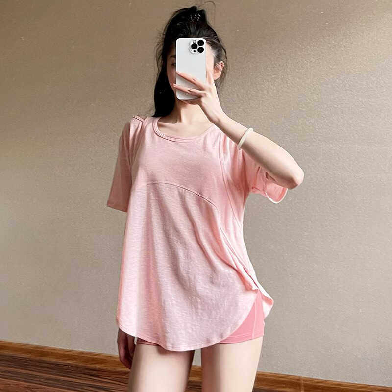 瑜伽服上衣女夏季外穿宽松显瘦短袖速干T恤跑步训练运动健身罩衫